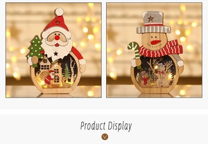 Close-up of LED glowing wooden Santa and snowman ornaments with warm miniature scenes