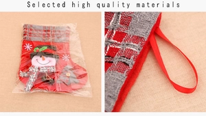 Detailed view of red velvet Christmas stocking with gray plaid trim and snowman patch