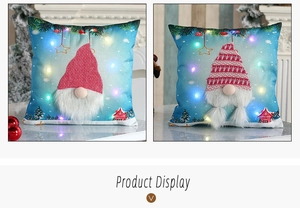 Detail showing glowing LED Christmas gnome pillow covers with faux fur beard and snowy prints