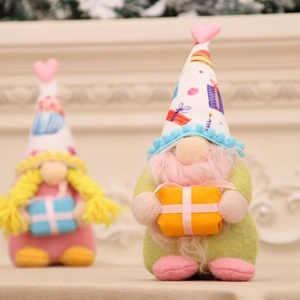 Charming faceless Valentine gnomes with gift boxes set against a cozy fireplace background