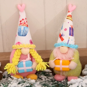Valentine Faceless Gnome plush doll set with heart hat and gift boxes on snowy wood