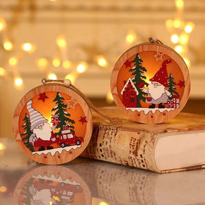 Lighted wooden Christmas gnomes ornaments with warm LED lights and rustic hemp ropes
