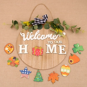 Rustic Wood Welcome To Our Home Sign With Interchangeable Seasonal Icons Buffalo Plaid Bow For Front Door Farmhouse Decor