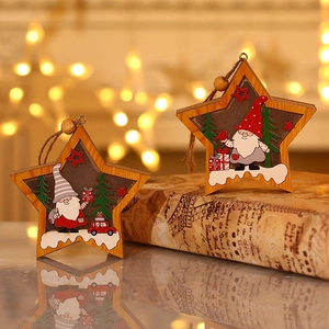 Set of two glowing wooden star ornaments with painted Gnomes for Christmas tree decoration