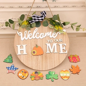 Interchangeable welcome home sign with seasonal icons and rustic buffalo plaid bow