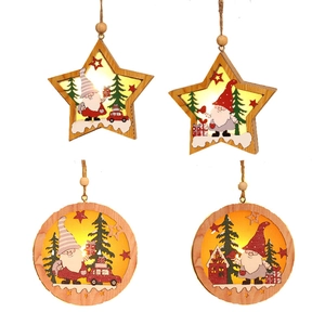 Set of 4 glowing wooden Christmas ornaments with LED lights, stars and round shapes