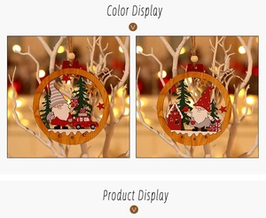 Detail of wooden Christmas gnome ornaments featuring Xmas trucks and festive trees