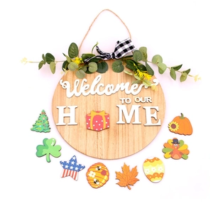 Interchangeable welcome wooden door sign with eucalyptus leaves and seasonal icons
