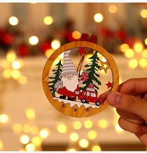 Detailed view of a wooden Christmas gnome ornament with festive tree and car motifs