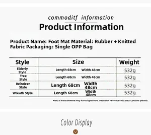 Guide des tailles pour tapis de Noël affichant 68x48cm et détails du poids par modèle