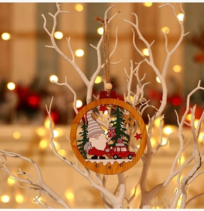 Detail of wooden Christmas gnome ornament with laser-cut design and festive xmas car decor