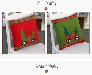 Detailed Christmas pillow covers with truck and tree embroidery and plaid edge stitching