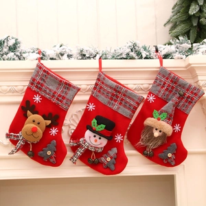 3D Christmas Stocking Red Flannel Plaid Cuff Santa Snowman Reindeer Gift Bag Hanging Ornament For Christmas Party Fireplace