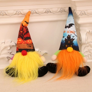 Set of two glowing Halloween gnomes with pumpkin and castle motifs on long fiber beards