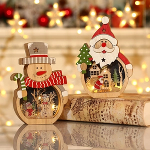 Christmas LED Wooden Ornament Santa Claus Snowman Hollow Laser Cut Decoration Warm Light Tabletop Holiday Home Decor Gift