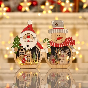 LED lighted Christmas wooden Santa and Snowman ornaments with warm miniature scenery