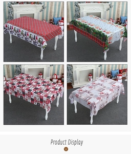Detailed views of Christmas polyester tablecloths featuring festive patterns and scalloped edges