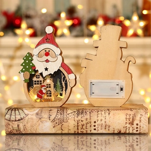 LED lighted Santa and Snowman wooden ornaments with intricate carved festive scene