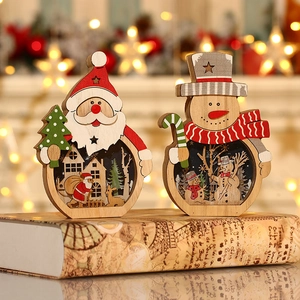 LED wooden Santa and Snowman ornaments with warm glowing miniature scenery scenes