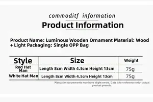 Detailed size chart and technical specifications for the glowing wooden Christmas ornament