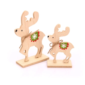Set di due renne natalizie in legno per decorazione tavolo con fiocchi in iuta e fiocchi