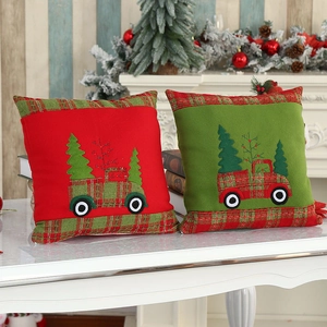 Christmas Flannel Embroidered Pillowcase Red Green Plaid Truck Christmas Tree Cushion Cover For Home Holiday Party Decoration