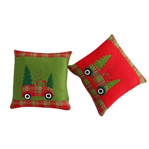 Set of two Christmas velvet pillow covers with plaid truck and tree embroidery decor
