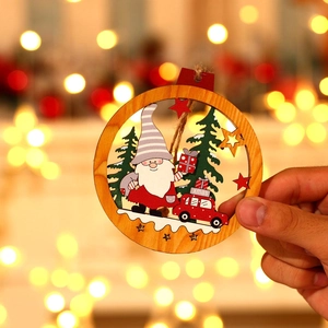 Wooden Christmas gnome pendant with red car and Xmas gift box for holiday tree decoration