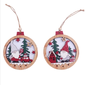 Set of 2 wooden Christmas gnome and forest hanging ornaments with red car and tree