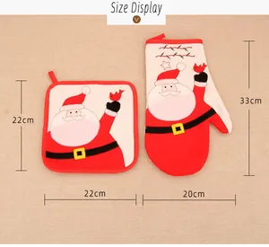 Size display of Christmas oven mitt and pot holder set with Santa Claus design