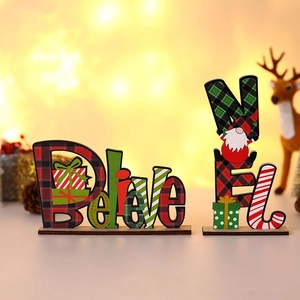 Christmas wooden Believe and NOEL gnome table ornaments with red and green plaid patterns