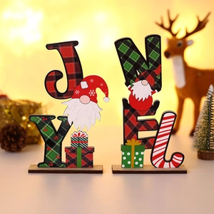 DIY wooden Christmas tabletop ornament set with plaid letters and festive gnome decor