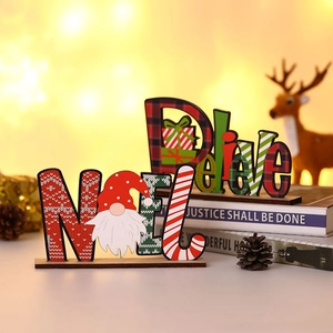 Wooden Christmas NOEL and Believe tabletop signs with festive gnome and plaid patterns