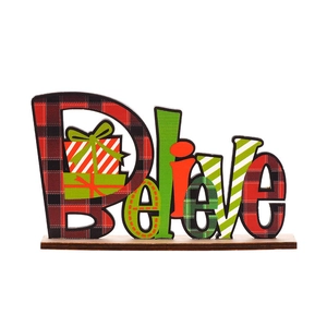 Christmas wooden Believe desktop ornament with red buffalo plaid and holiday gift patterns