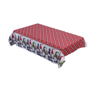 Christmas rectangular tablecloth with red plaid top and festive gnome illustrations