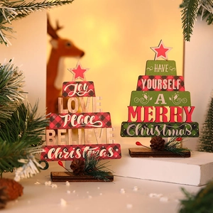 Zweiteilige Weihnachtsdeko aus Holz in Baumform mit festlichen Texten und Sternen
