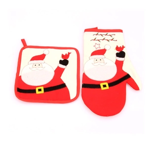 Christmas oven mitt and pot holder set with Santa Claus pattern on white background