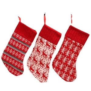 Three-piece knitted Christmas stocking set with reindeer and tree patterns for home decoration