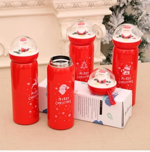 Close-up of red Christmas vacuum flask with 3D Santa lid and festive packaging