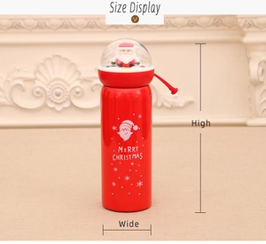 Detailed dimensions of red Christmas vacuum flask with Santa Claus figurine lid