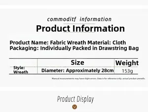 Size chart showing fabric Christmas wreath dimensions of 28cm diameter and 153g weight