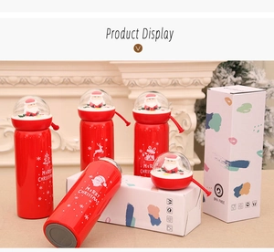 Detail of Christmas thermos bottle with 3D Santa lid and festive elk pattern packaging