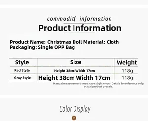 Detailed size and weight chart for Christmas antler gnomes in red and grey fabric