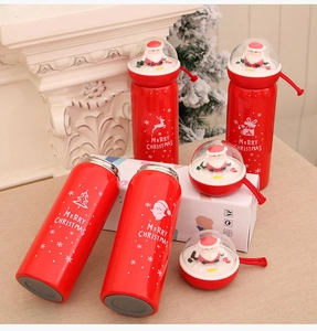 Detail of Christmas thermos with Santa Claus lid globe and Merry Christmas patterns