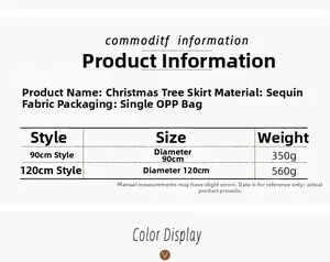 Size chart showing 90cm and 120cm diameter options for sequin Christmas tree skirts