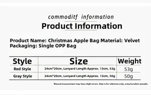 Size specifications chart for Christmas flannel apple bags with red and grey color details