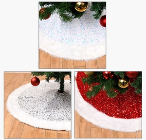 Detailed view of plush Christmas tree skirts with shimmering red, silver, and white sequins