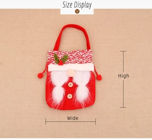 Size display of red gnome gift bag with plush braids and holly decor