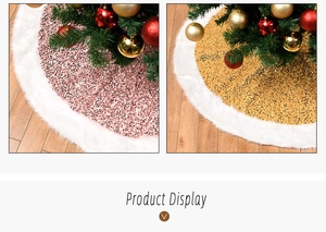 Detail of sequined Christmas tree skirts with white plush border in rose gold and gold