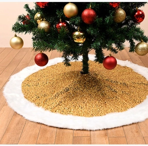 Detail of Christmas tree skirt with dense gold sequins and plush white faux fur trim